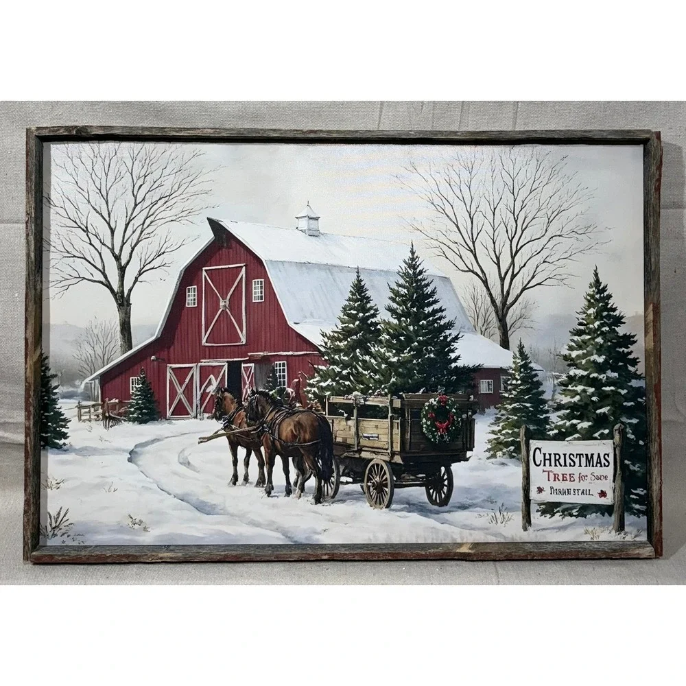 Rustic X-Mas Tree Farm Canvas Wall Art Red Barn Winter Decor 24x16 Wood Frame